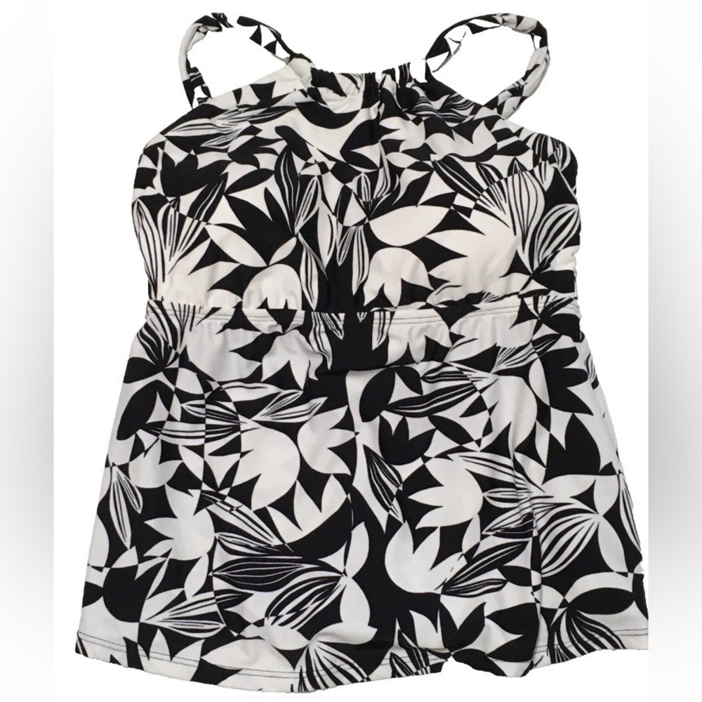 Shade & Shore Size S Black White Leaf Print Tunneled Halter Tankini Swim Top